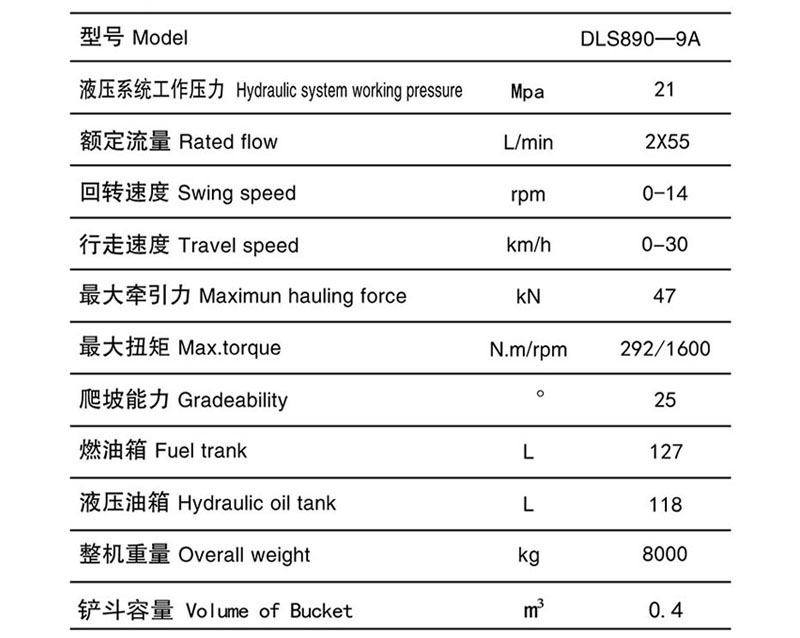 DLS890-9A輪式蔗木裝卸機(jī)性能參數(shù)